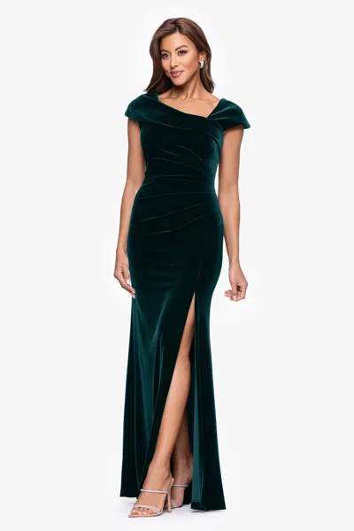 Xscape Evenings "katrina" Velvet Asymmetrical Neckline Cap Sleeve Dress In Green