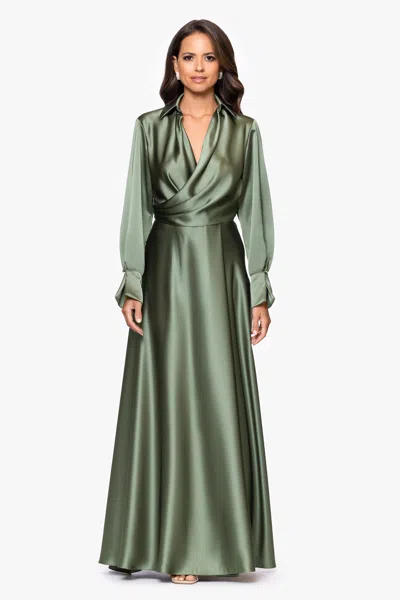 Xscape Evenings "kelandra" Satin Collared V-neck Long Sleeve Floor Length Dress In Green