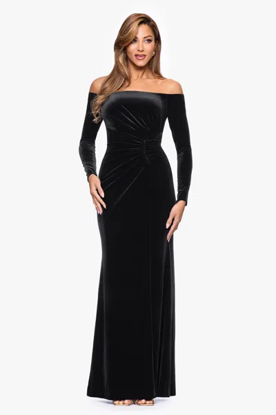 Xscape Evenings "kristina" Velvet Off Shoulder Long Sleeve Floor Length Dress In Black