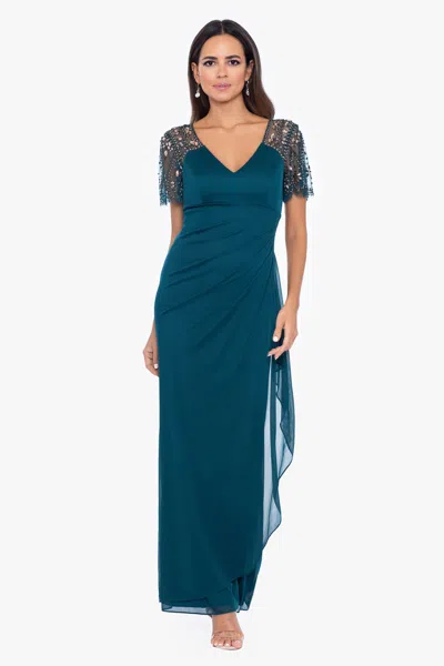 Xscape Evenings "lana" Long V-neck Beaded Flutter Sleeve Dress In Green
