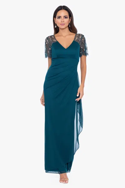 Xscape Evenings "lana" Long V-neck Beaded Flutter Sleeve Dress In Green