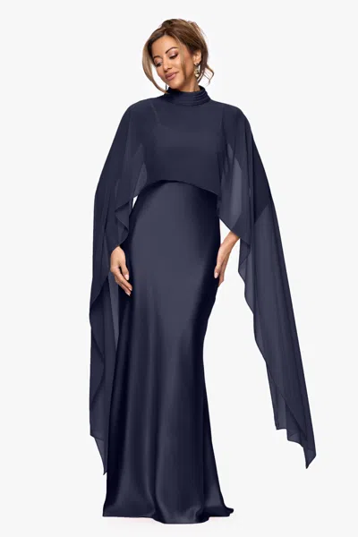 Xscape Evenings "laura" Satin Floor-length Dress With Removable Chiffon Shawl In Blue