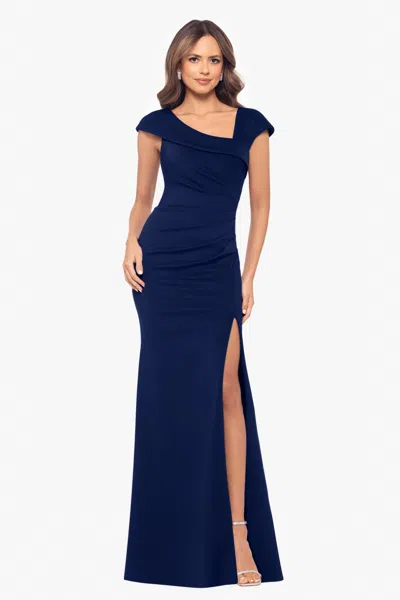 Xscape Evenings "lenore " Long Asymmetrical Neckline Scuba Dress In Blue