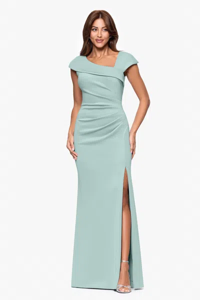 Xscape Evenings "lenore " Long Asymmetrical Neckline Scuba Dress In Blue