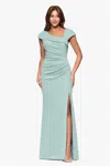 Xscape Evenings Asymmetric Neck Scuba Knit Trumpet Gown In Blue
