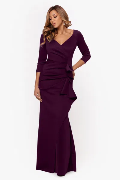 Xscape Evenings "lexi" Long Sleeve Scuba Ruched Side Dress In Burgundy