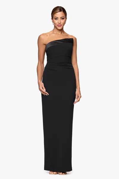 Xscape Evenings "lisa" Scuba Crepe Strapless Asymmetrical Satin Neckline Floor Length Dress In Black