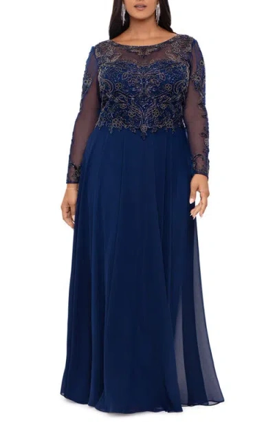 Xscape Evenings Long Sleeve Beaded Chiffon Gown In Navy/antique