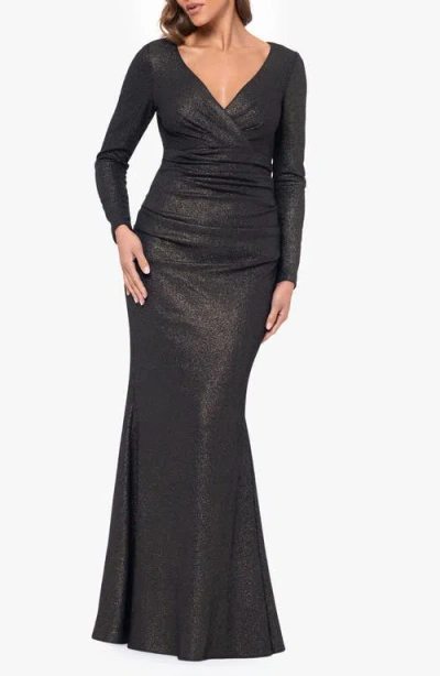 Xscape Evenings Long Sleeve Metallic Ruched Gown In Black/gold