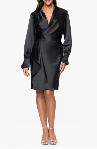 Xscape Evenings Long Sleeve Satin Wrap Cocktail Dress In Black