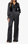 Xscape Evenings Long Sleeve Wide Leg Satin Jumpsuit In Black