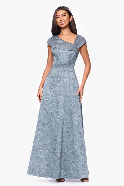 Xscape Evenings Floral Brocade Asymmetric Neck Gown In Gray