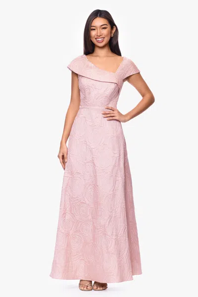Xscape Evenings "lorelai" Brocade Asymmetric Neck Floor Length Dress In Pink