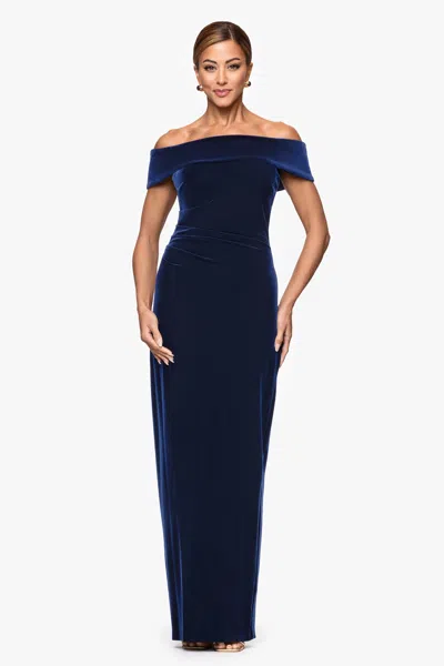 Xscape Evenings "lori" Velvet Off The Shoulder Ruched Dress In Blue