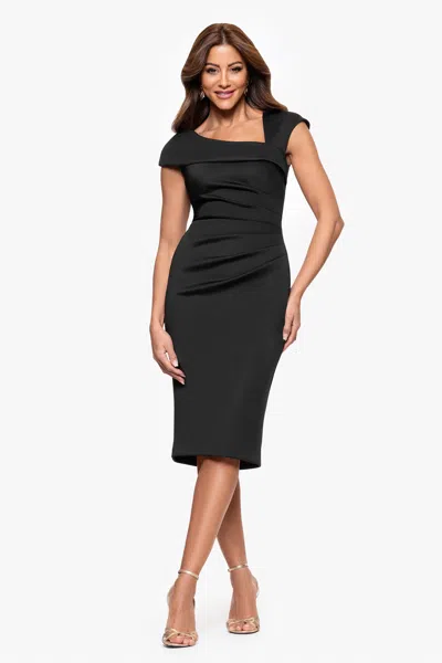 Xscape Evenings "lyla" Techno Scuba Asymmetrical Neckline Knee Length Dress In Black