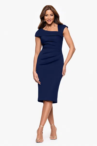Xscape Evenings "lyla" Techno Scuba Asymmetrical Neckline Knee Length Dress In Blue
