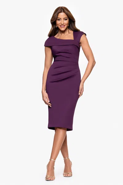 Xscape Evenings "lyla" Techno Scuba Asymmetrical Neckline Knee Length Dress In Purple