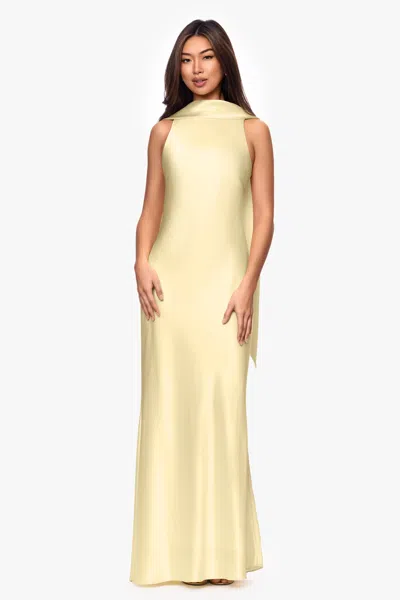 Xscape Evenings "mackenzie" Satin Back Sash Floor Length Dress In Yellow