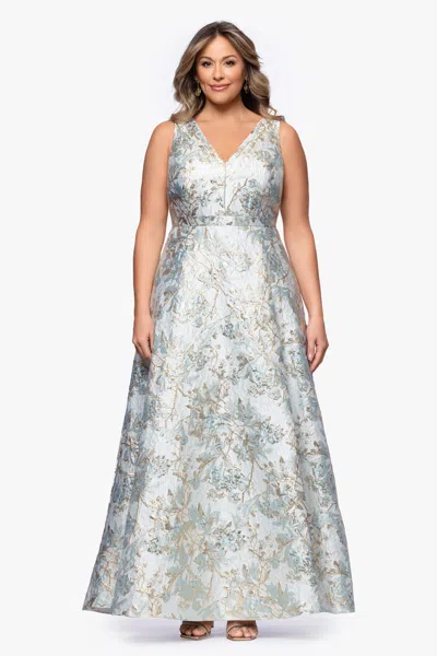 Xscape Evenings "madeline" Brocade V-neck Floor Length Dress In Silver