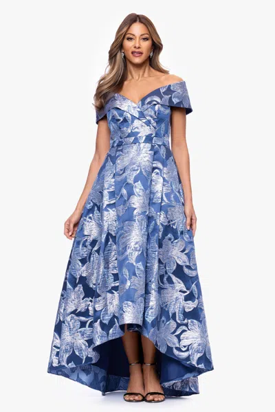 Xscape Evenings "matilda" Brocade Off The Shoulder High Low Floor Length Dress In Multi