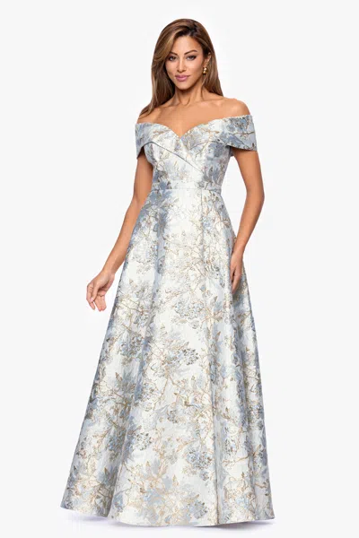 Xscape Evenings "melissa" Brocade Off The Should V-neck Ballgown In Silver