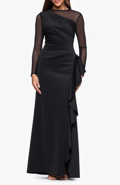 Xscape Evenings Mesh Long Sleeve Ruffled Scuba Gown In Black