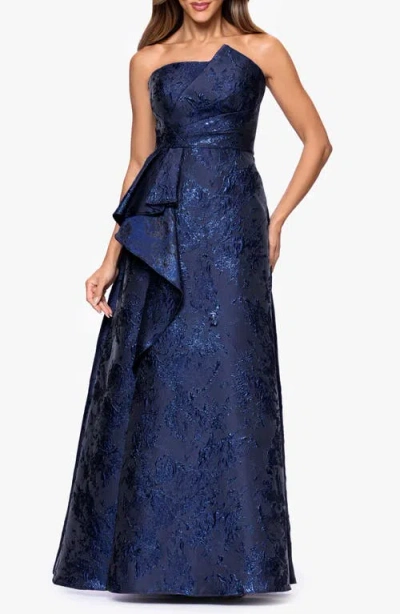 Xscape Evenings Metallic Brocade Asymmetric Strapless Gown In Blue