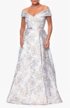Xscape Evenings Metallic Floral Brocade Off The Shoulder Ball Gown In Blue/gold