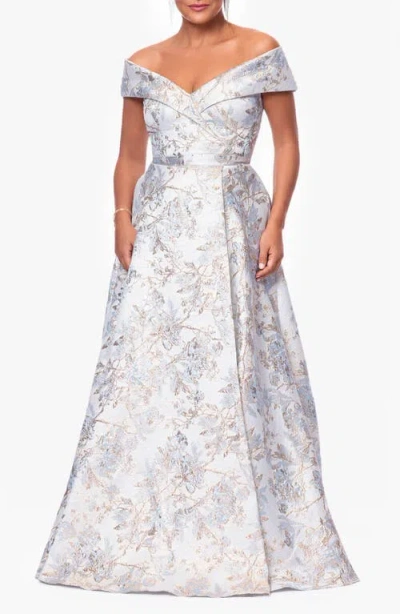 Xscape Evenings Metallic Floral Brocade Off The Shoulder Ball Gown In Blue/gold