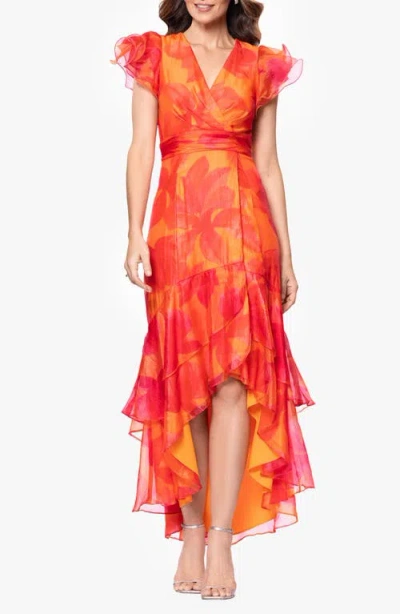 Xscape Evenings Metallic Floral High Low Gown In Coral/pink