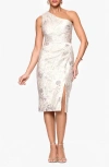 Xscape Evenings Metallic Floral Jacquard One-shoulder Sheath Cocktail Dress In White
