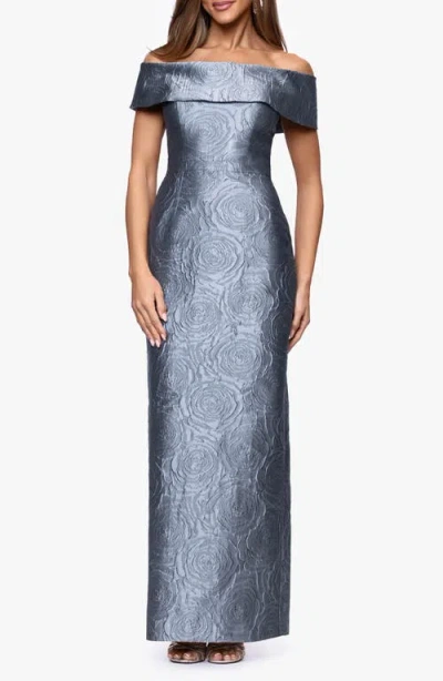 Xscape Evenings Metallic Jacquard Off The Shoulder Gown In Brown