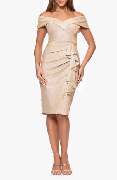 Xscape Evenings Metallic Ruffle Detail Off The Shoulder Cocktail Dress In Gold/silver