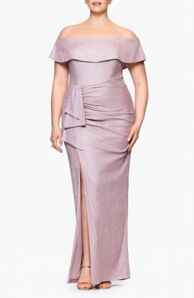 Xscape Evenings Metallic Ruffle Off The Shoulder Gown In Pink