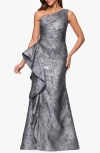 Xscape Evenings Metallic Ruffle One-shoulder Jacquard Mermaid Gown In Blue