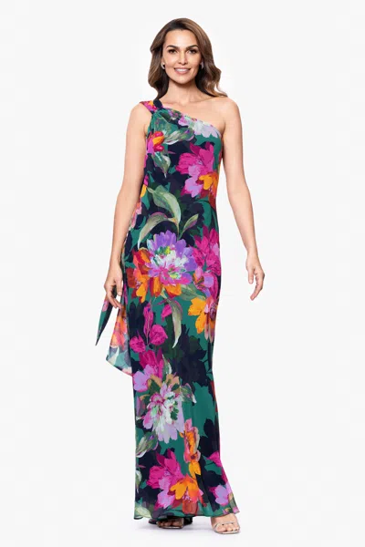 Xscape Evenings "michelle" Print Chiffon One Shoulder Floor Length Dress In Multi