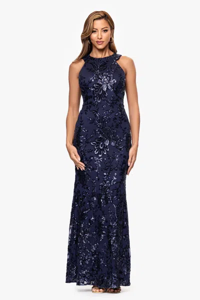 Xscape Evenings "mila" Sequin Embellished Sleeveless Floor Length Dress In Blue
