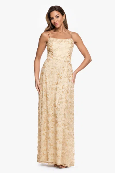 Xscape Evenings "natalie" 3d Flower Embellished Spaghetti Strap Long Gown In Yellow
