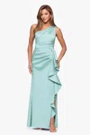 Xscape Evenings Ruffle Detail One-shoulder Mikado Sheath Gown In Blue