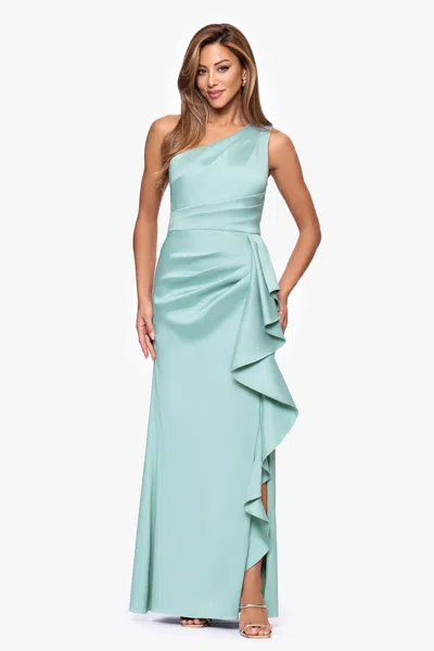Xscape Evenings Ruffle Detail One-shoulder Mikado Sheath Gown In Green