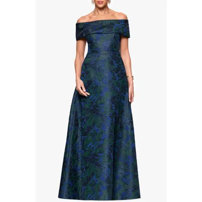 Xscape Evenings Off The Shoulder Brocade Ballgown In Blue