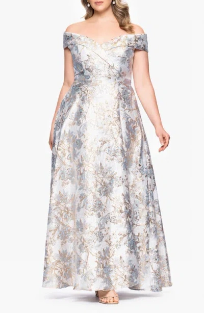 XSCAPE EVENINGS XSCAPE EVENINGS OFF THE SHOULDER BROCADE GOWN