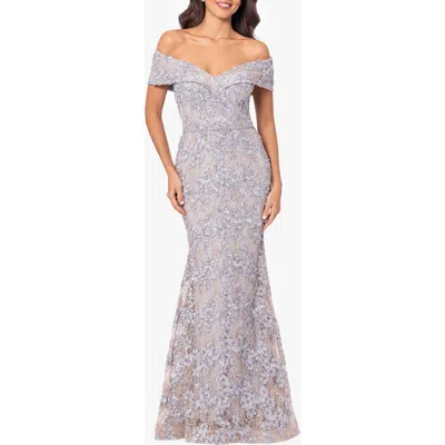 Xscape Evenings Off The Shoulder Embroidered Gown In Gray
