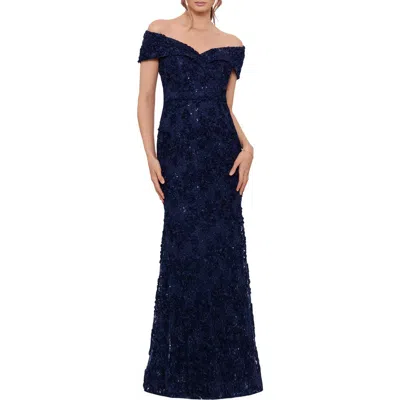 Xscape Evenings Off The Shoulder Embroidered Gown In Blue