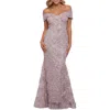 Xscape Evenings Off The Shoulder Embroidered Gown In Taupe