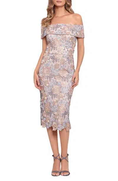 Xscape Evenings Off The Shoulder Embroidered Lace Cocktail Dress In Rose/gold