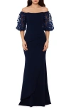 Xscape Evenings Off The Shoulder Floral Appliqué Trumpet Gown In Navy