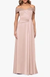 Xscape Evenings Off The Shoulder Hammered Satin Gown In Pink