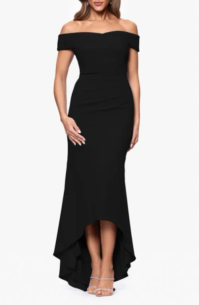 Xscape Evenings Off The Shoulder High-low Scuba Crepe Gown In Black