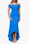 Xscape Evenings Cold Shoulder Handkerchief Hem Scuba Crepe Gown In Blue